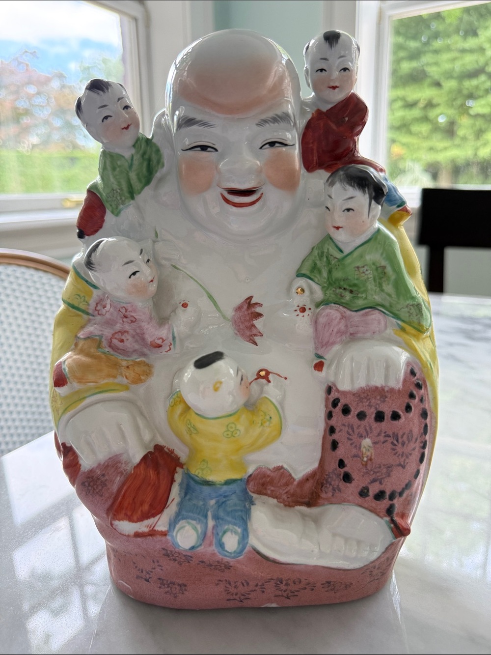 Smiling Buddha with Children Porcelain Figurine - White, Pink, Green